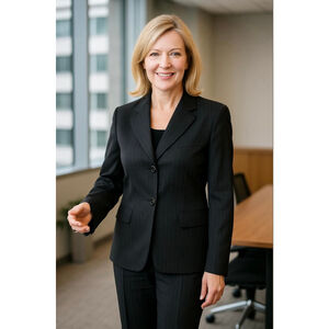 Women's Attention Black Pinstripe Pantsuit 2 Modern Professional Office Business